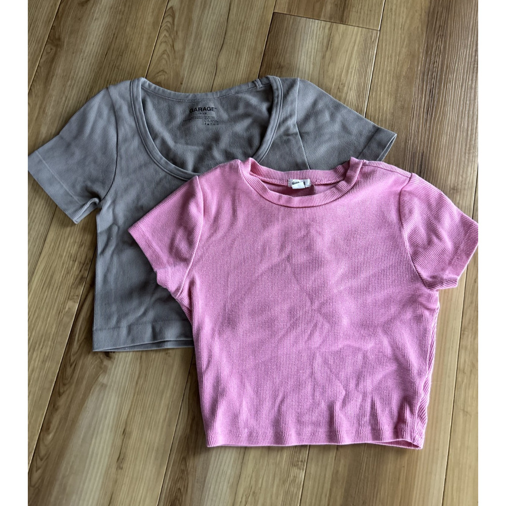 Garage Ribbed Baby Tee Bundle XS/S Pink & Taupe Y2K Fitted Crop Tops Lot 2